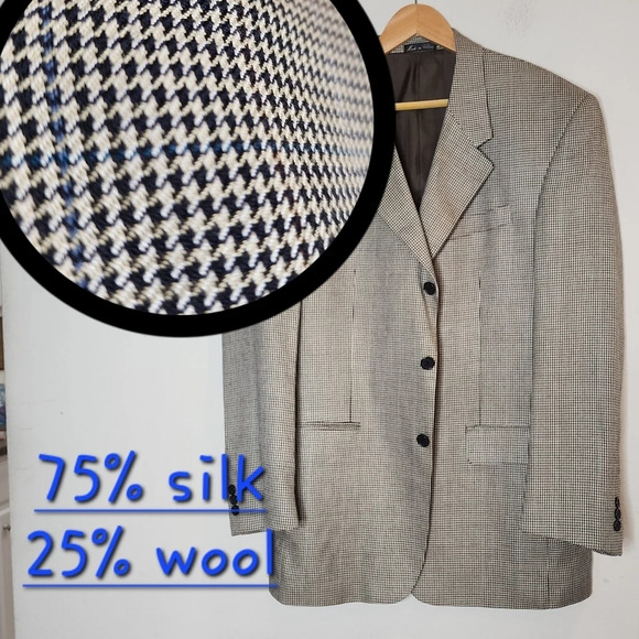 Calvin America Silk/Wool beige black houndstooth blazer suit jacket. Size 40R - Picture 1 of 16